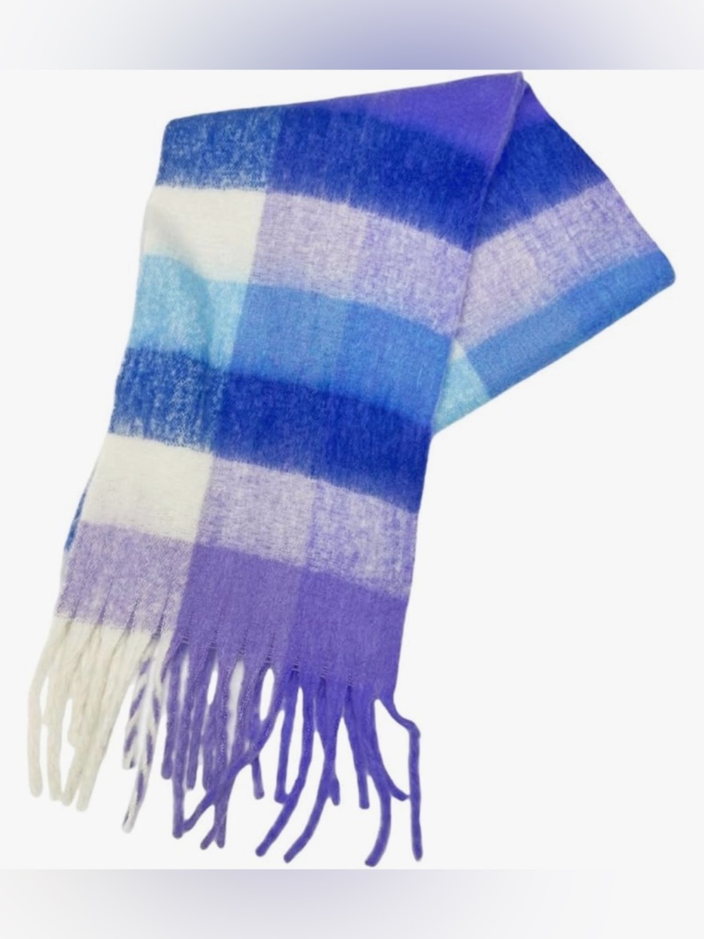 Cashmere Soft Plaid Fringe Scarf/Wrap in Purple, Blue & White. 14.5”x 47”NWOT